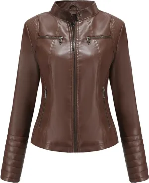 Fjnbbiot Women Moto Biker Zipper Jacket Autumn Spring Motorcycle Faux Leather Jacket