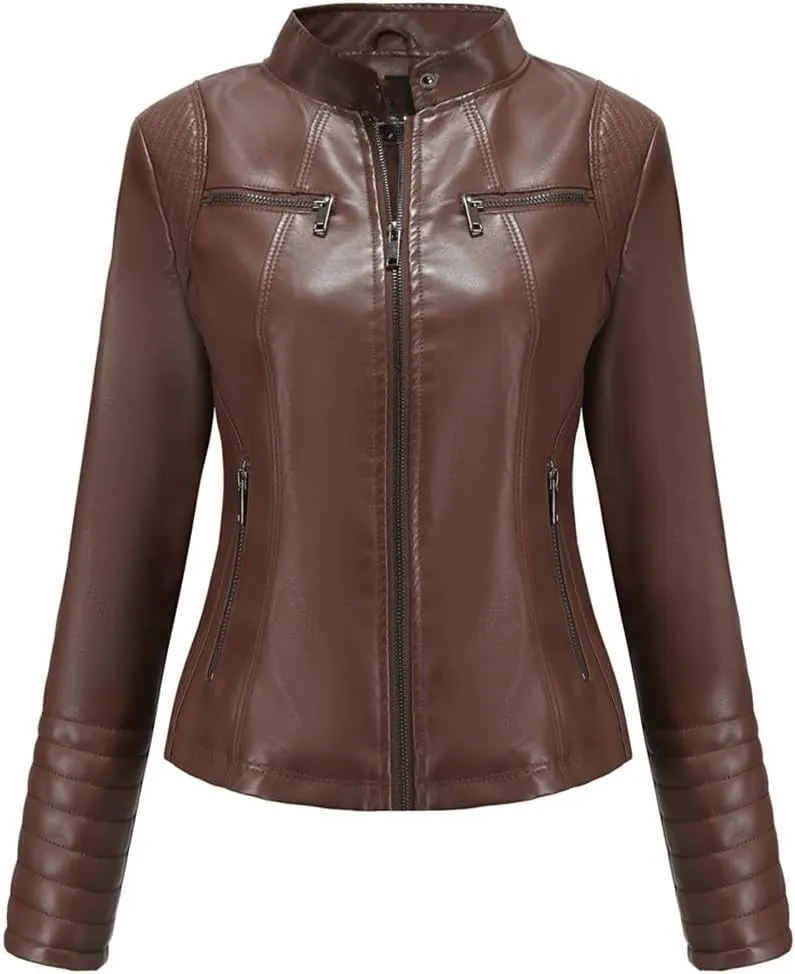 Fjnbbiot Women Moto Biker Zipper Jacket Autumn Spring Motorcycle Faux Leather Jacket