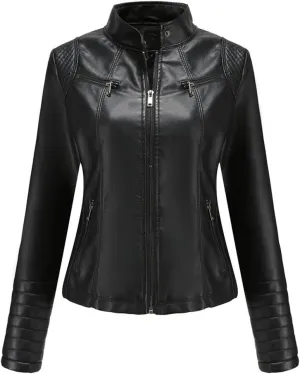 Fjnbbiot Women Moto Biker Zipper Jacket Autumn Spring Motorcycle Faux Leather Jacket