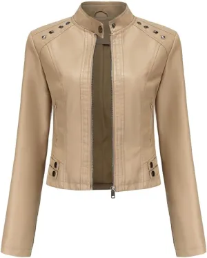 Fjnbbiot Women Moto Biker Zipper Jacket Motorcycle Faux Leather Jacket Spring Autumn Coat