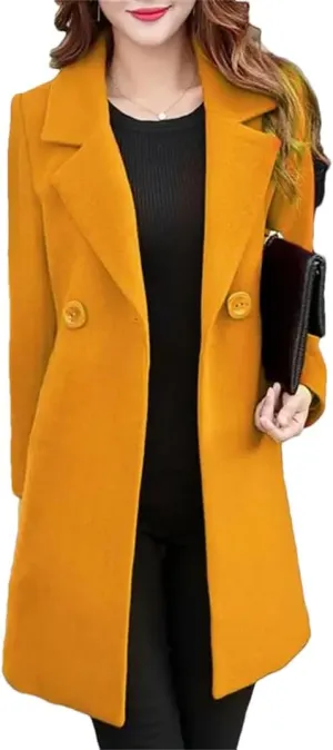 Fjnbbiot Women Wool Coat Coat Winter Elegant Notched Collar Double Breasted Wool Blend Over Solid Color Pea Coat