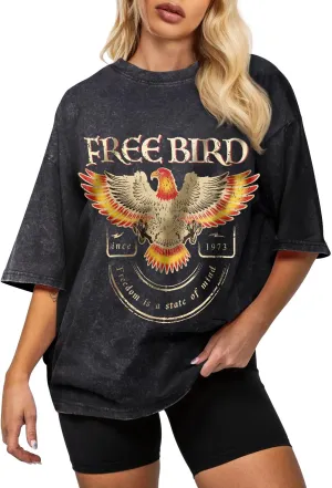 Flafens Oversized Acid Wash Vintage T Shirts for Women - Graphic Tees Womens Retro Cotton Cute Cool Loose Tshirts Teens Girls
