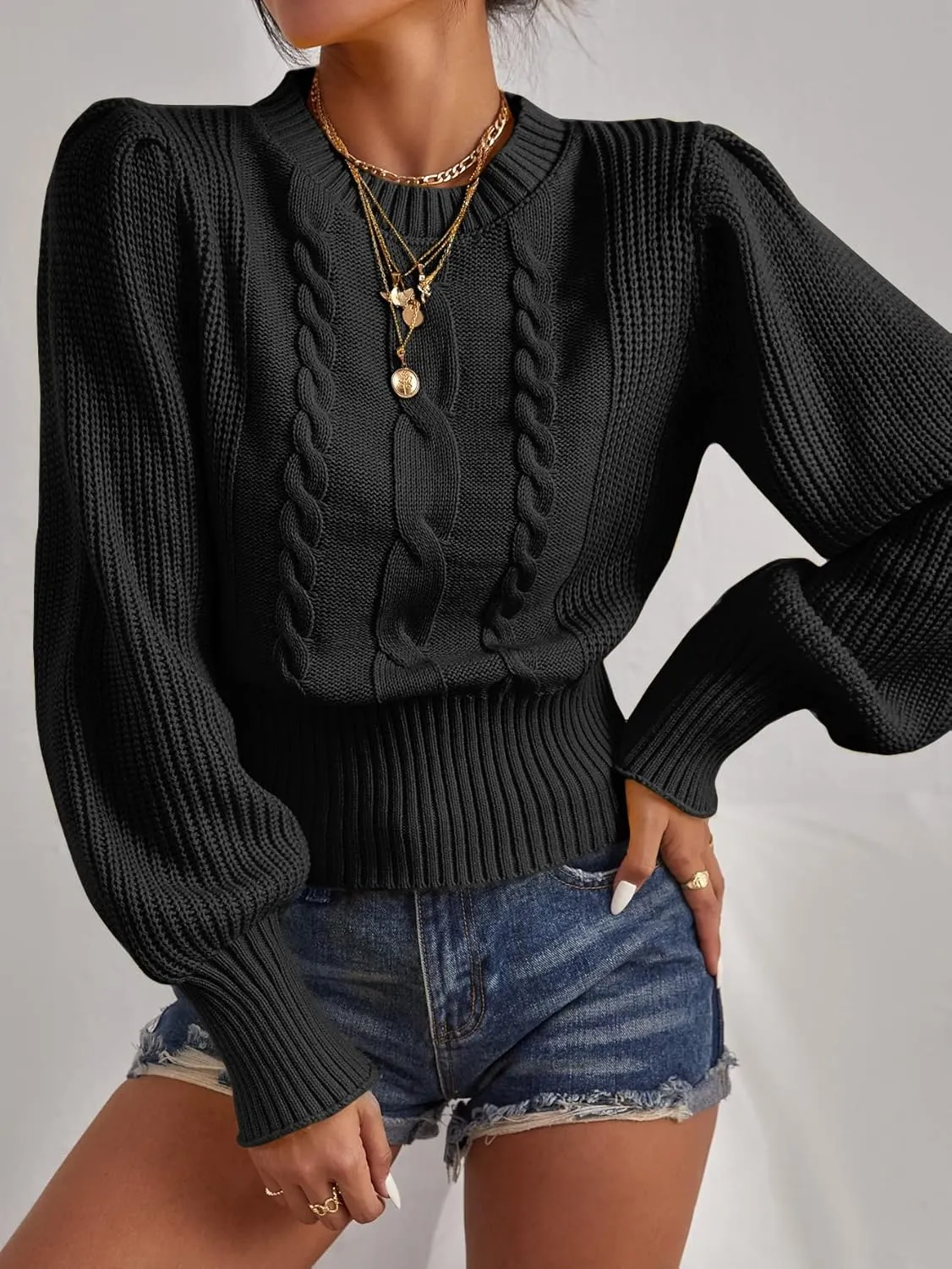 Floerns Women's Loose Drop Shoulder Lantern Sleeve Fashion Pullover Sweater Tops