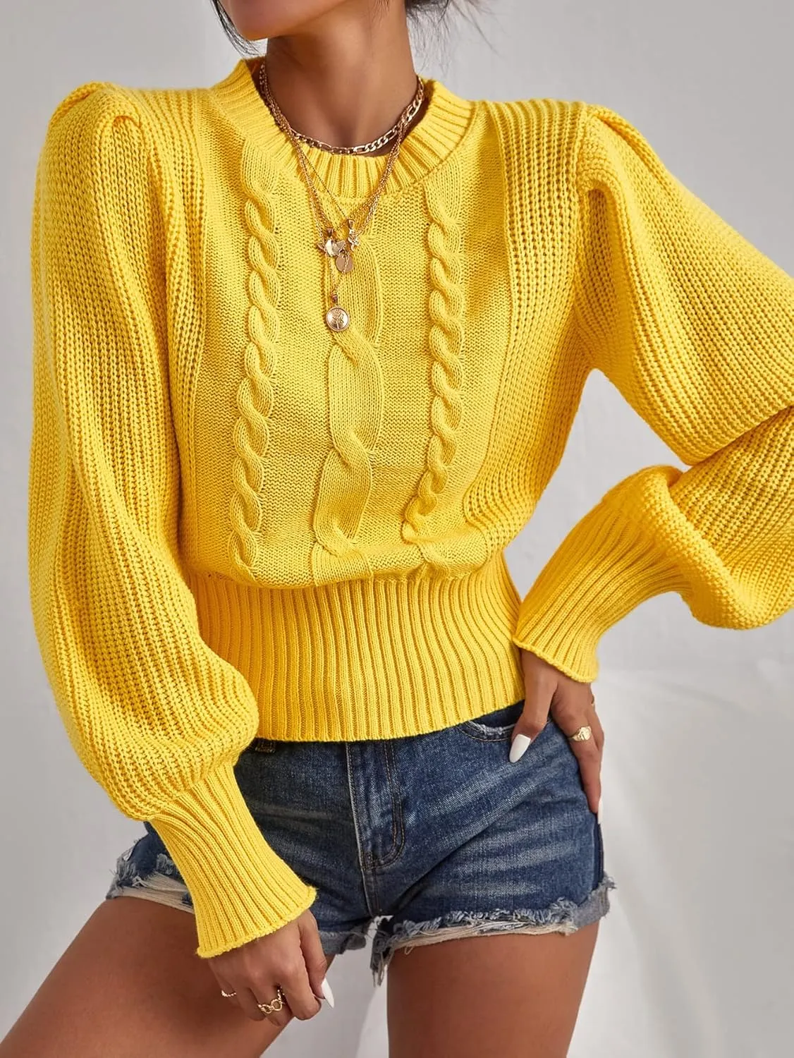 Floerns Women's Loose Drop Shoulder Lantern Sleeve Fashion Pullover Sweater Tops