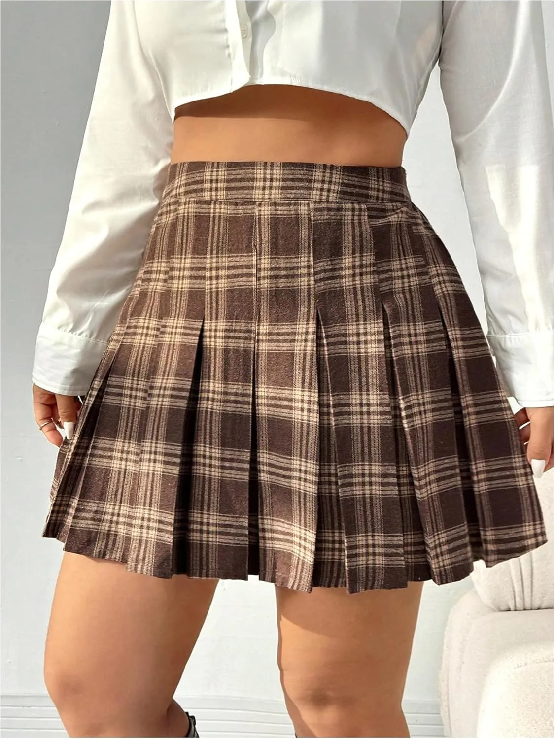 Floerns Women's Plus Size Plaid Print High Waist Mini Skirt Uniform Pleated A Line Skirts