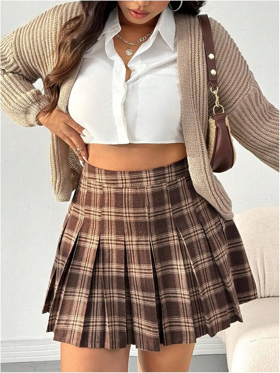 Floerns Women's Plus Size Plaid Print High Waist Mini Skirt Uniform Pleated A Line Skirts