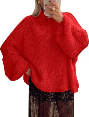 Flygo Womens Oversized Sweater Long Sleeve Mock Neck Tunic Sweater Casual Knit Pullover Sweater Tops