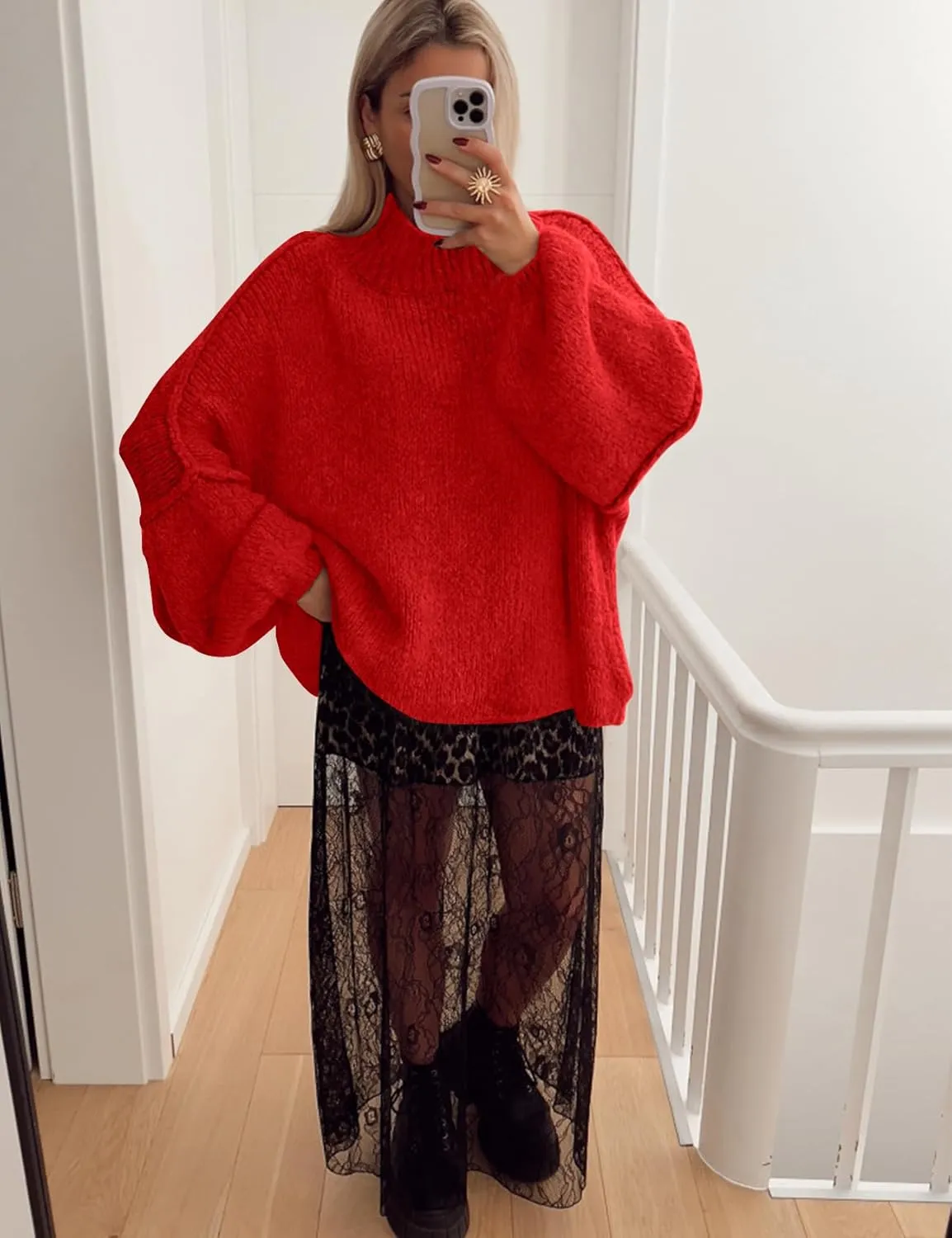 Flygo Womens Oversized Sweater Long Sleeve Mock Neck Tunic Sweater Casual Knit Pullover Sweater Tops