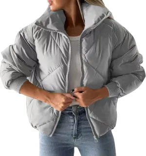Flygo Womens Winter Crop Down Jacket Zipper Quilted Puffer Short Coat Bubble Warm Padded Outerwear