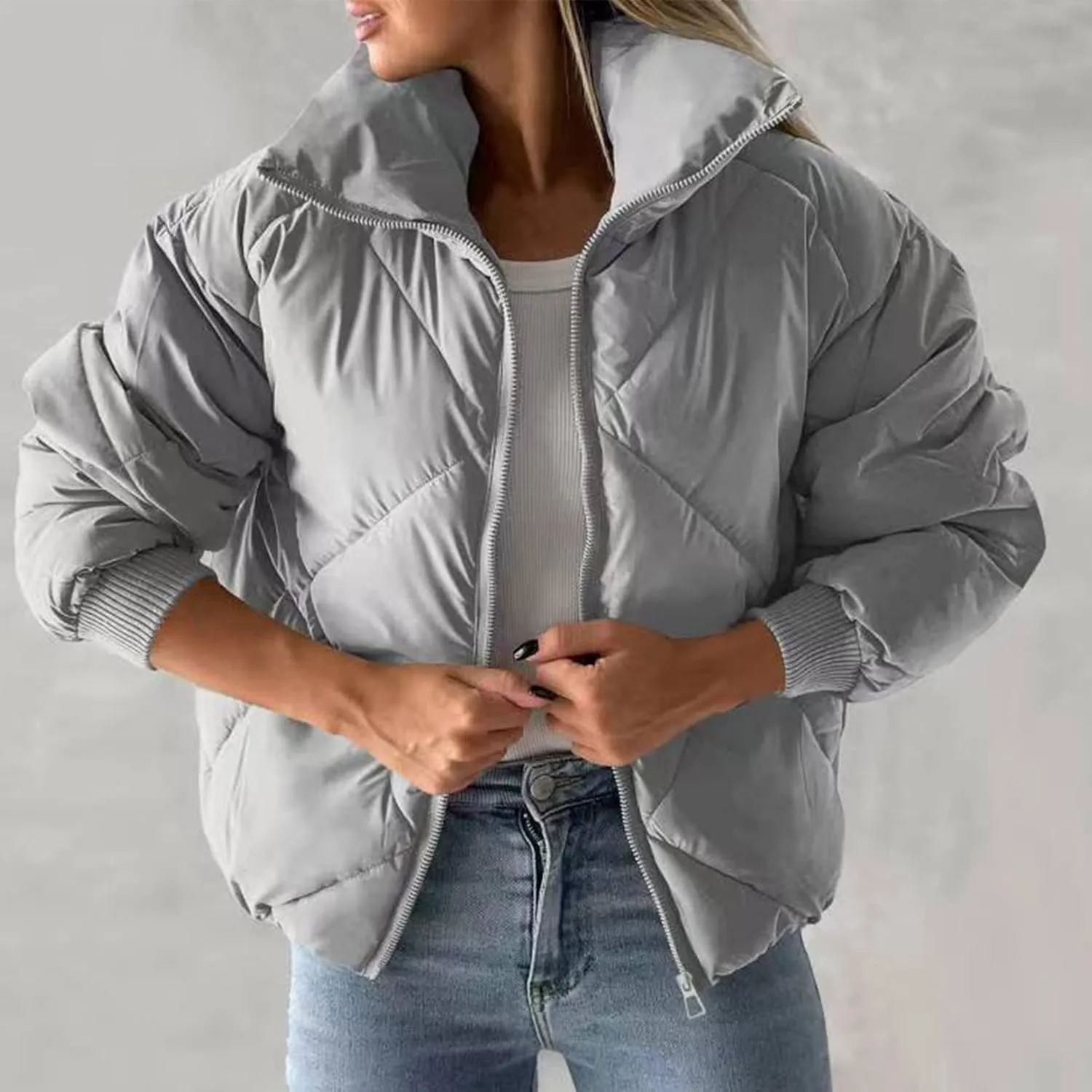 Flygo Womens Winter Crop Down Jacket Zipper Quilted Puffer Short Coat Bubble Warm Padded Outerwear