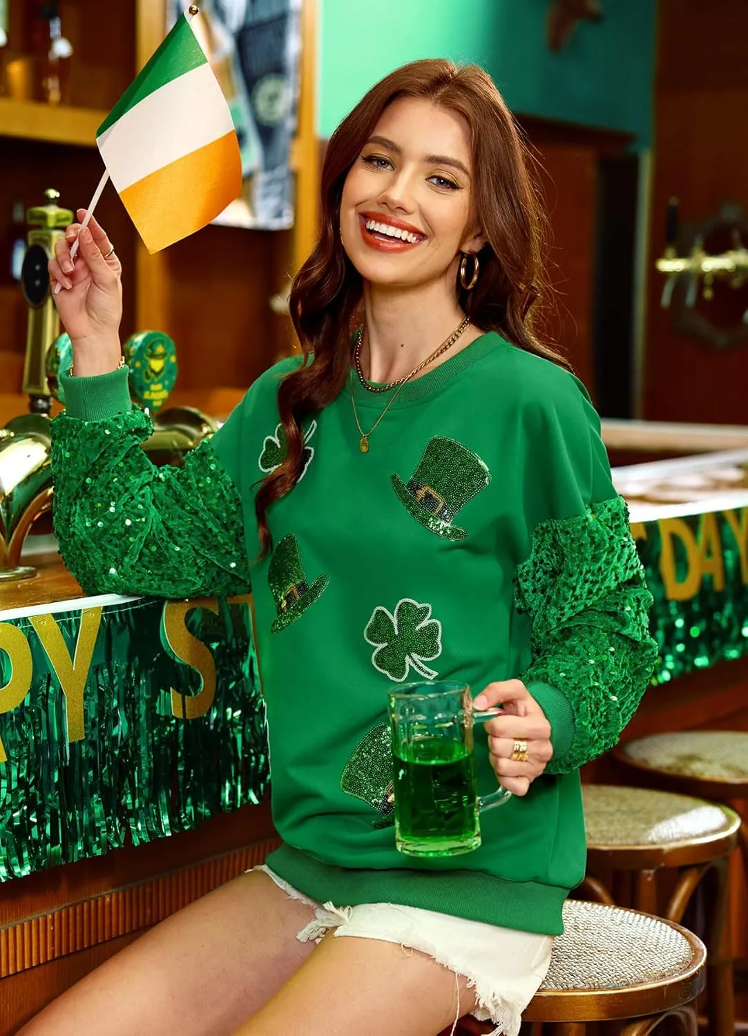 For G and PL Women's St Patricks Sequin Long Sleeve Sweatshirts Crewneck Irish Tops