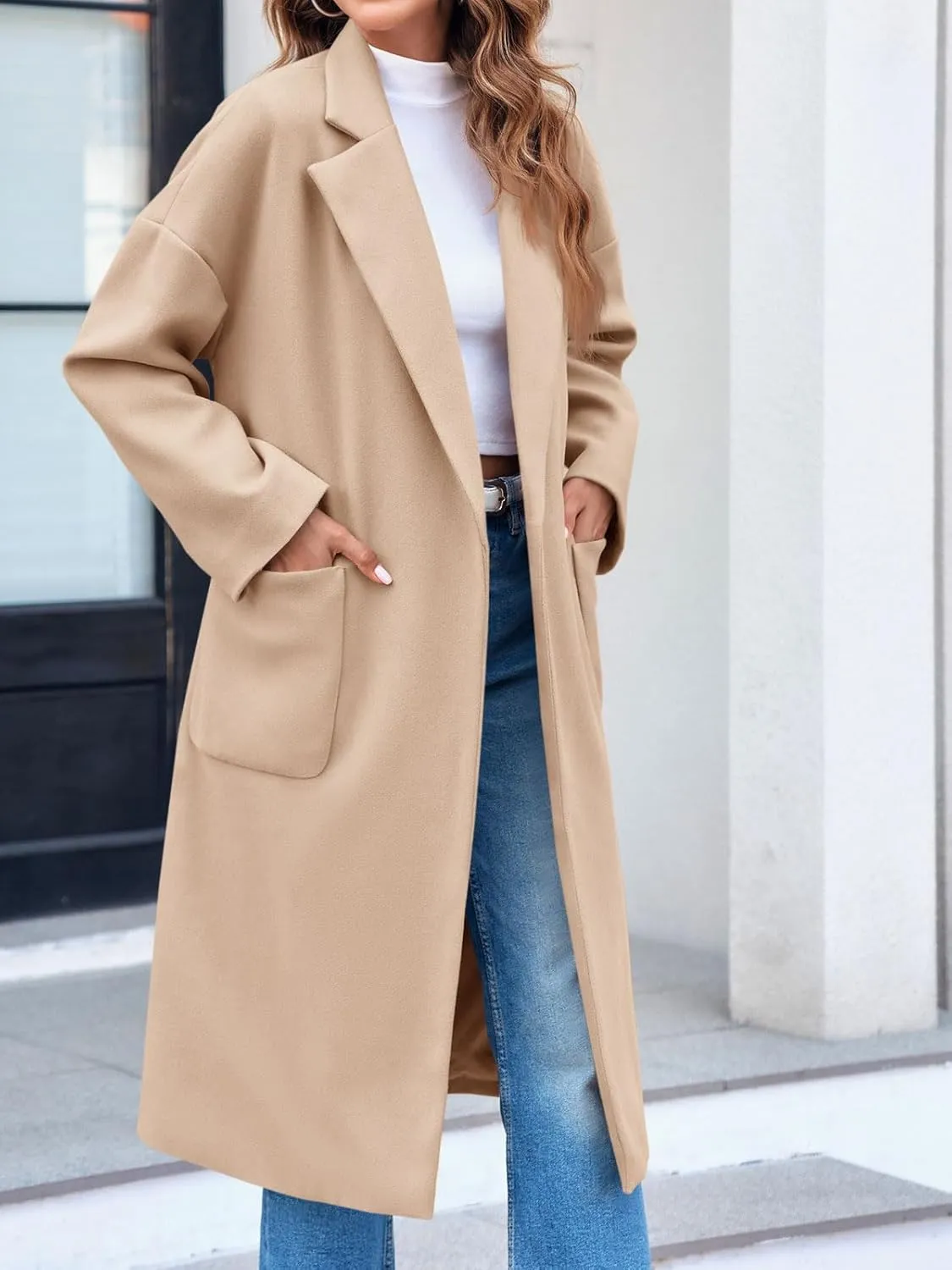 FSHAOES Womens Lapel Collar Pea Coat Open Front Overcoat Belted Long Jacket Outerwear