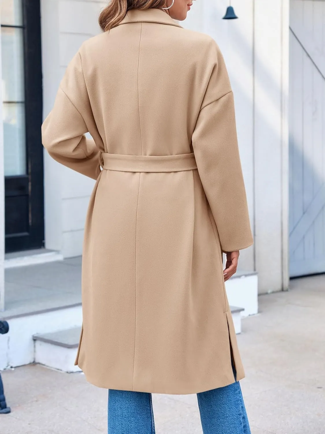 FSHAOES Womens Lapel Collar Pea Coat Open Front Overcoat Belted Long Jacket Outerwear
