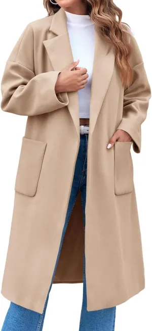 FSHAOES Womens Lapel Collar Pea Coat Open Front Overcoat Belted Long Jacket Outerwear