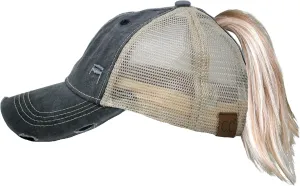 Funky Junque Distressed Ponytail Trucker Hat - Women's Baseball Cap - Solid, Tie Dye, Camo, Value Packs