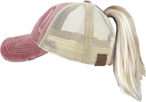 Funky Junque Distressed Ponytail Trucker Hat - Women's Baseball Cap - Solid, Tie Dye, Camo, Value Packs
