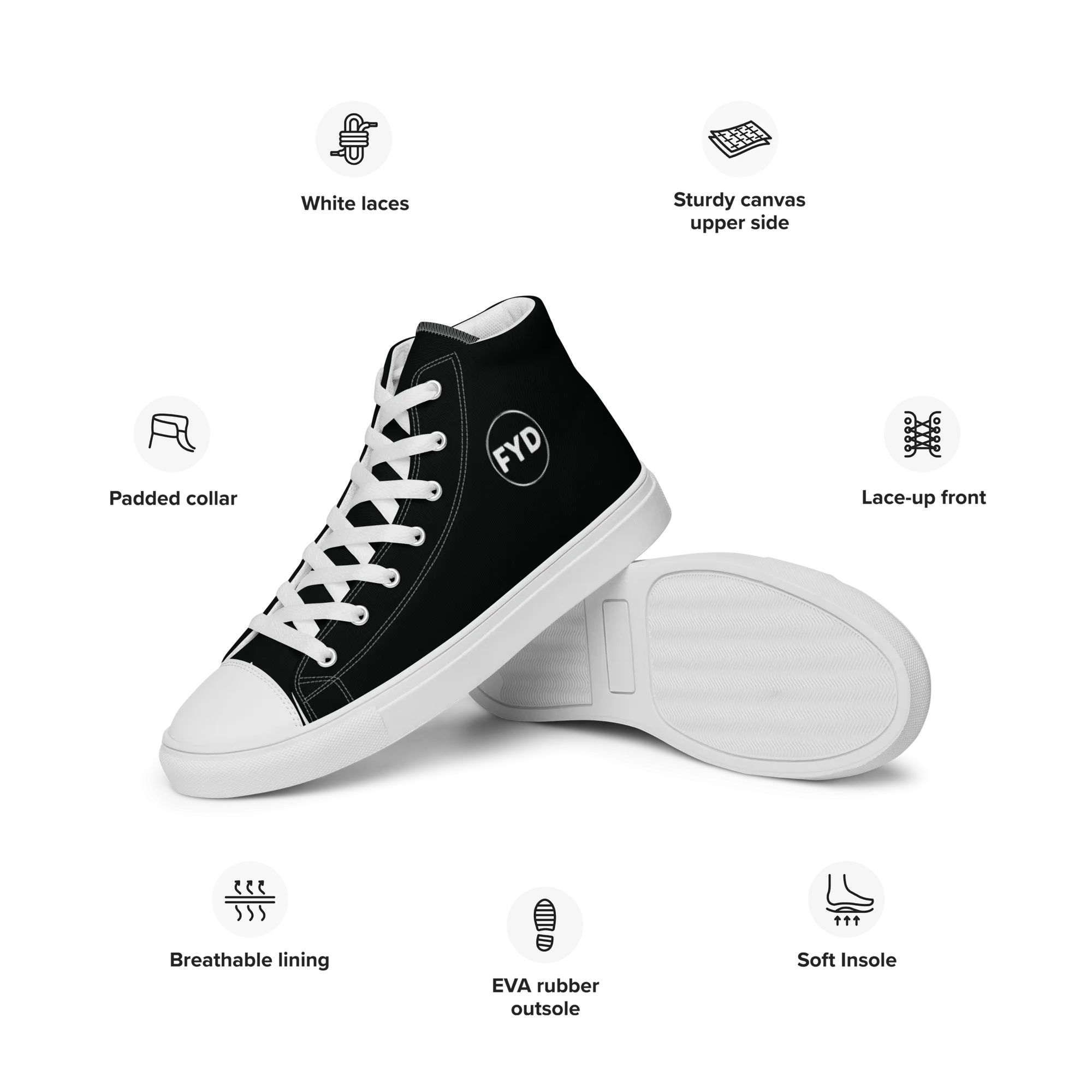 FYD Women’s High Top Sneakers in Black & White FYD Logo