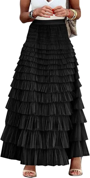 Gihuo Women's Long Maxi Tulle Skirts A Line High Waisted Tiered Layered Midi Skirt Mesh Ruffle Tutu Petticoat