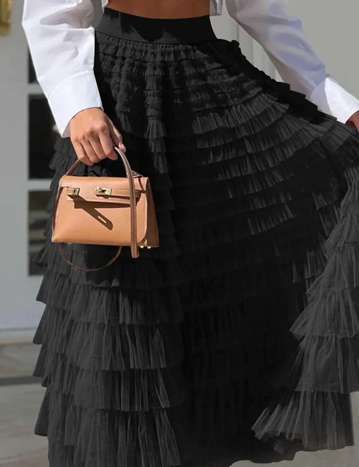 Gihuo Women's Long Maxi Tulle Skirts A Line High Waisted Tiered Layered Midi Skirt Mesh Ruffle Tutu Petticoat