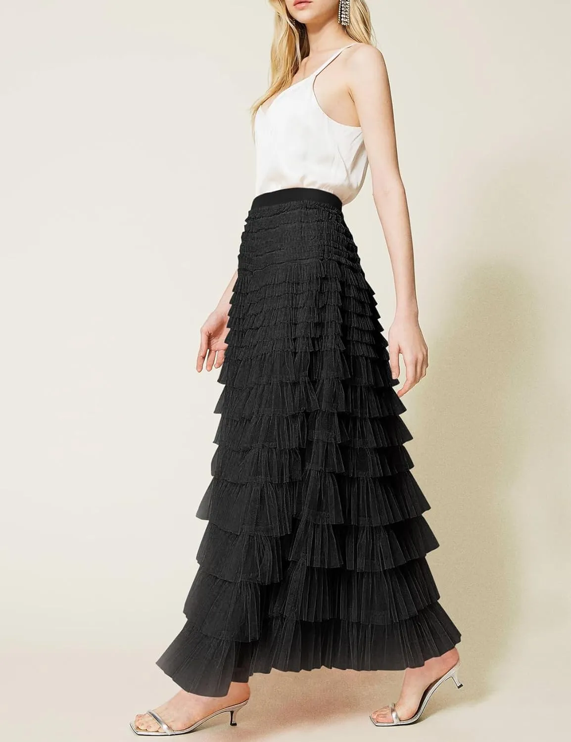 Gihuo Women's Long Maxi Tulle Skirts A Line High Waisted Tiered Layered Midi Skirt Mesh Ruffle Tutu Petticoat