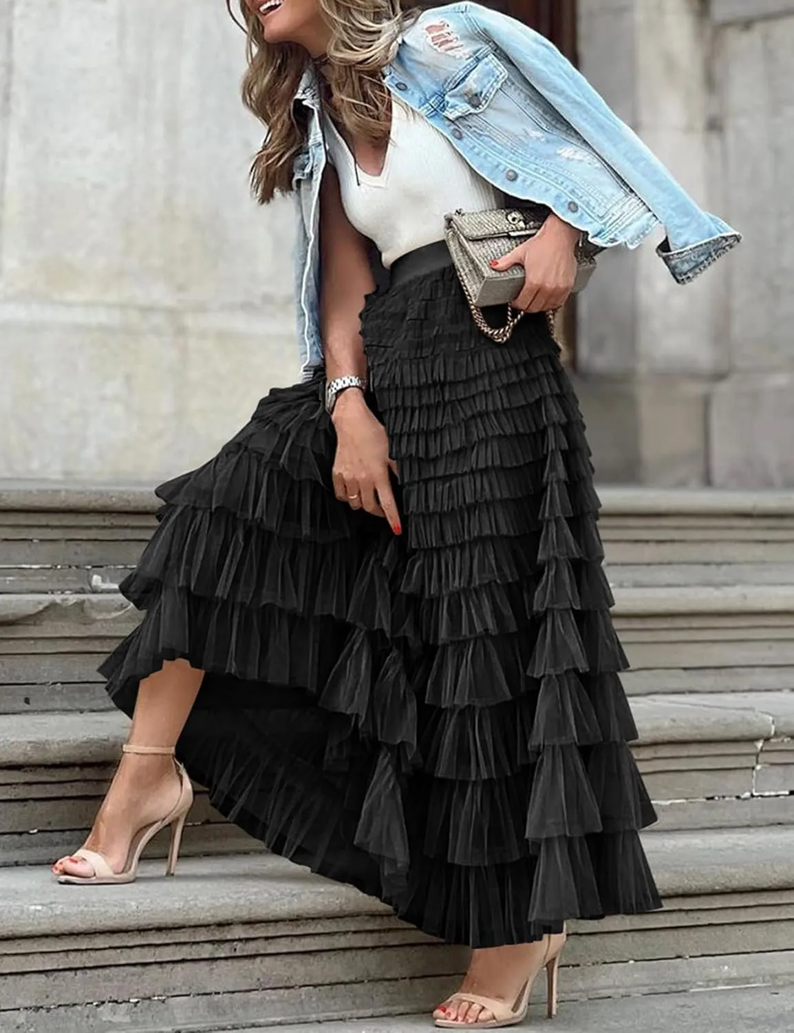 Gihuo Women's Long Maxi Tulle Skirts A Line High Waisted Tiered Layered Midi Skirt Mesh Ruffle Tutu Petticoat