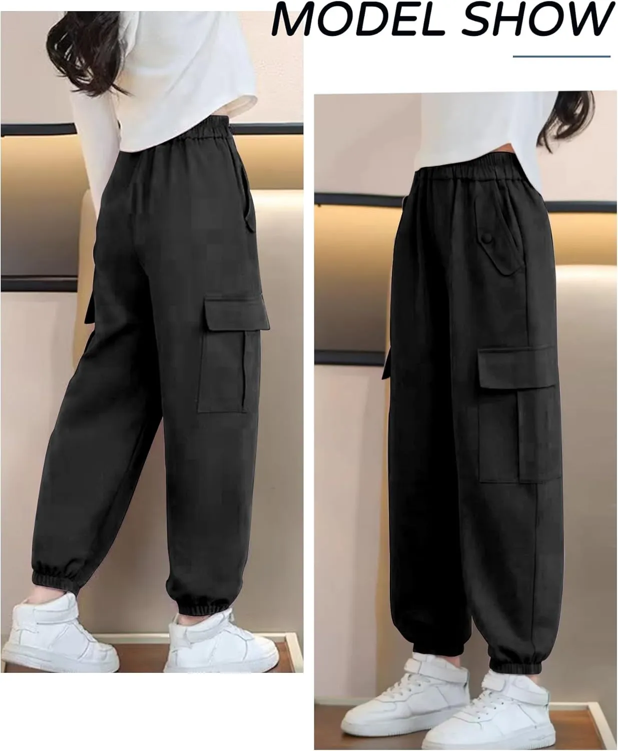 Girls Cargo Jogger Pants with Pockets Elastic Waist Loose Sweatpant Soft Cotton Straight Trousers Pant 5-14 Years