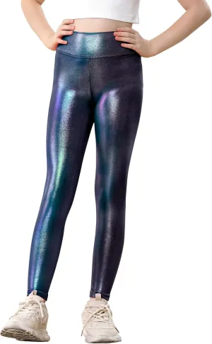 Girls Metallic Leggings Shiny Mystique Stretch Dance Pants Running Active Tights for Kids Youth Teen