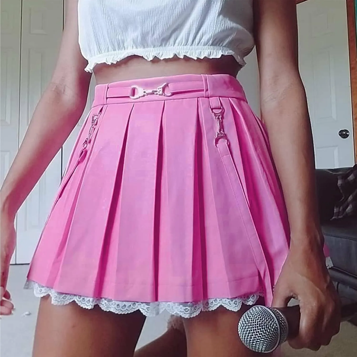 Gothic Mini Pleated Skirt for Women Sexy Lace Patchwork High Waist Ruffle Short Skirt E-Girl Harajuku A-Line Skirt