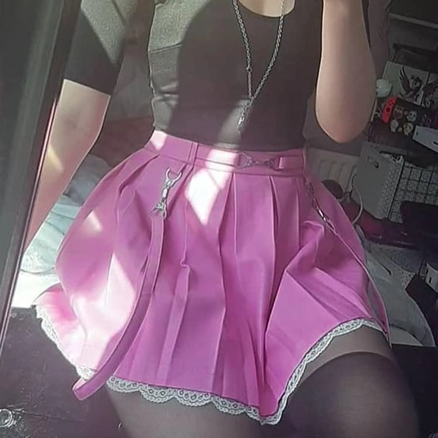 Gothic Mini Pleated Skirt for Women Sexy Lace Patchwork High Waist Ruffle Short Skirt E-Girl Harajuku A-Line Skirt