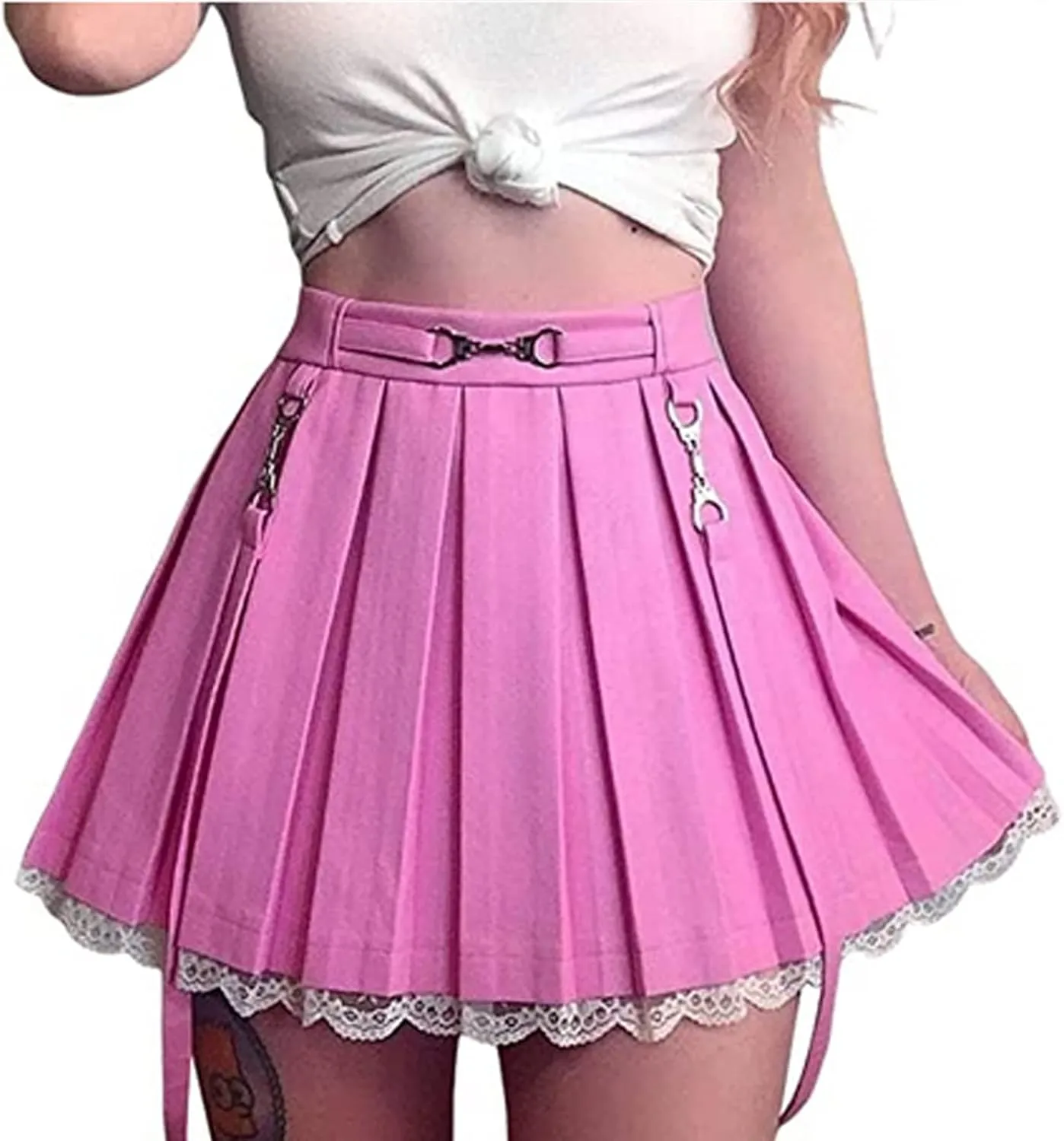 Gothic Mini Pleated Skirt for Women Sexy Lace Patchwork High Waist Ruffle Short Skirt E-Girl Harajuku A-Line Skirt