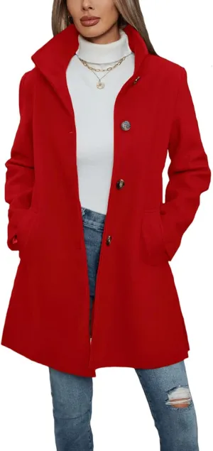 Haellun Women's Notch Lapel Winter Wool Coat Stand Collar Single Breasted Pea Coat Short Funnel Coat
