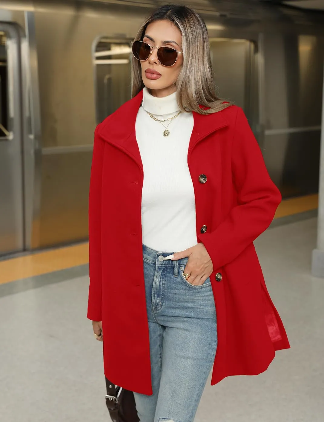 Haellun Women's Notch Lapel Winter Wool Coat Stand Collar Single Breasted Pea Coat Short Funnel Coat
