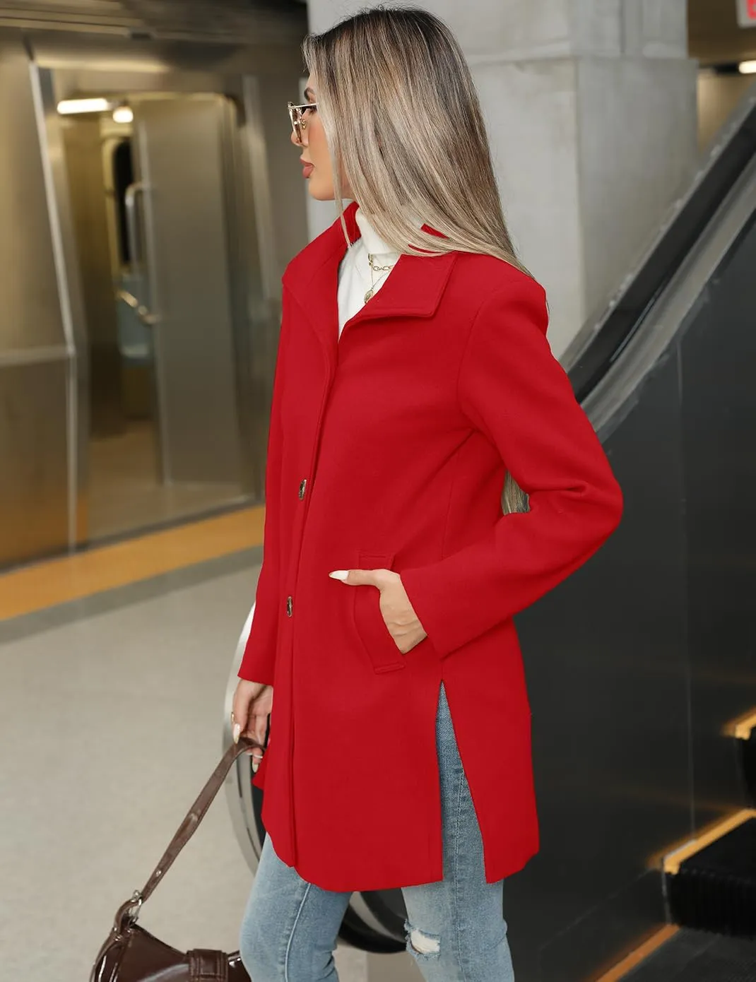 Haellun Women's Notch Lapel Winter Wool Coat Stand Collar Single Breasted Pea Coat Short Funnel Coat