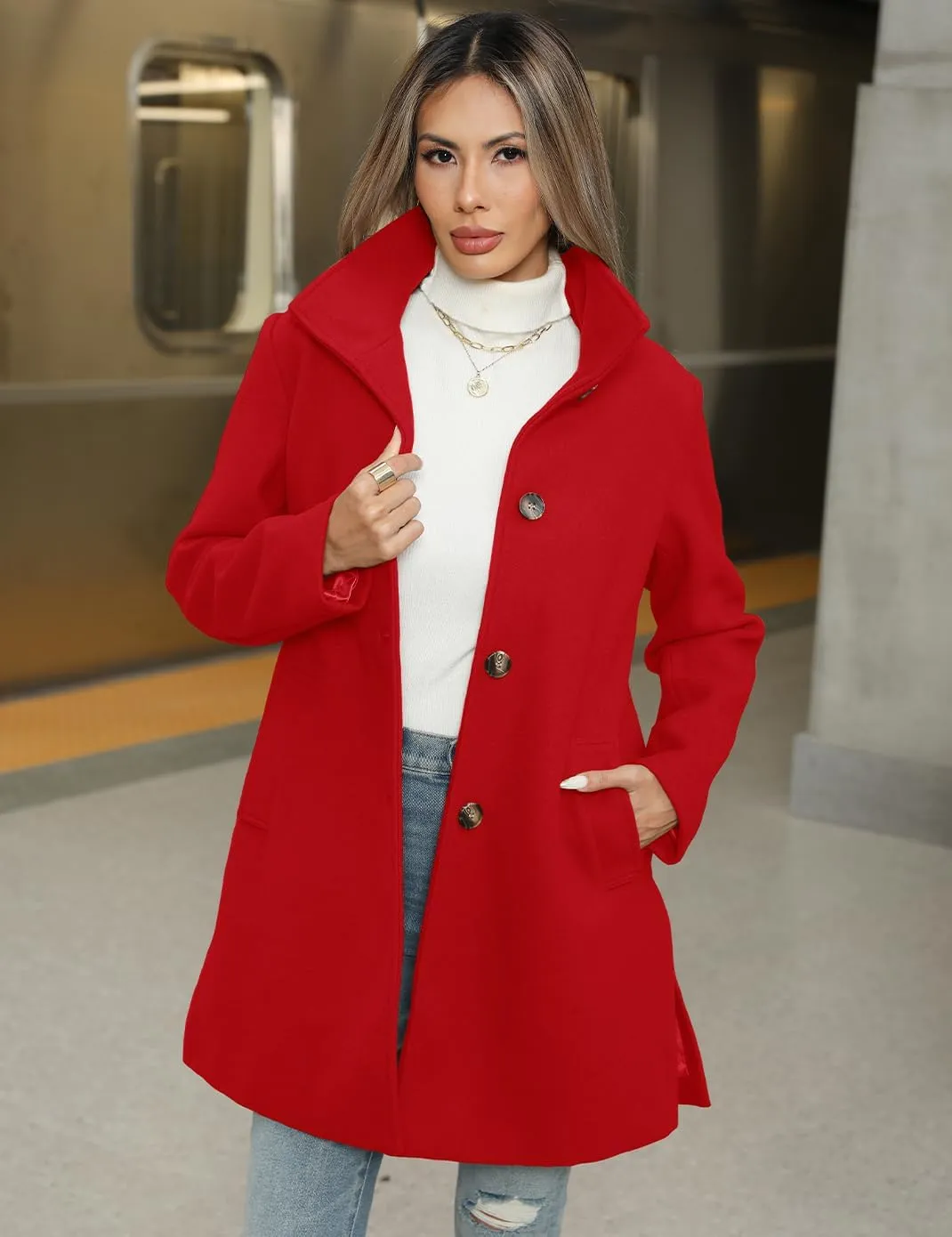 Haellun Women's Notch Lapel Winter Wool Coat Stand Collar Single Breasted Pea Coat Short Funnel Coat
