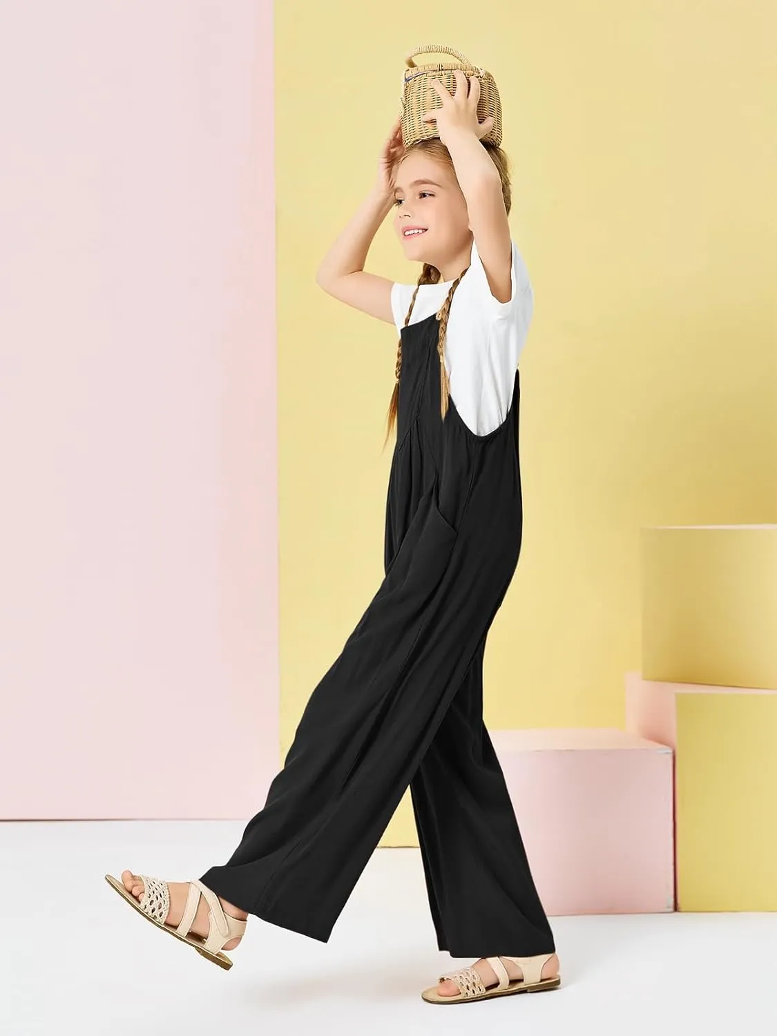 Haloumoning Girls Overalls Kids Casual Sleeveless Wide Leg Jumpsuit Loose Rompers with Pockets 5-14 Years