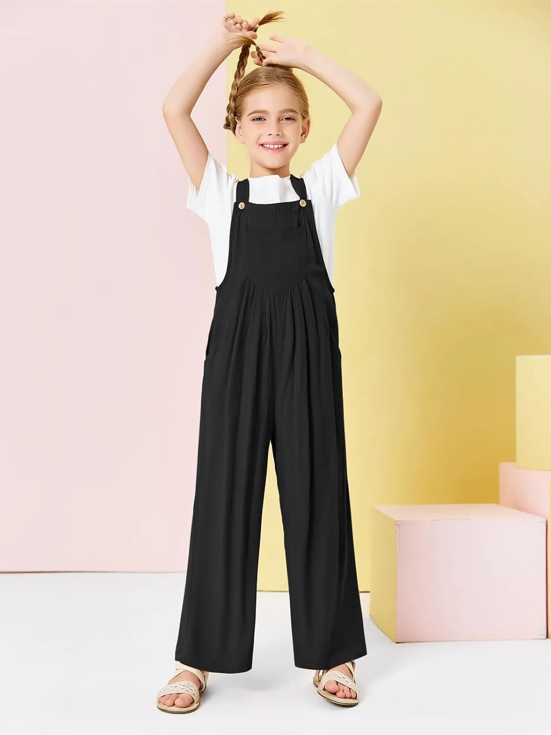 Haloumoning Girls Overalls Kids Casual Sleeveless Wide Leg Jumpsuit Loose Rompers with Pockets 5-14 Years