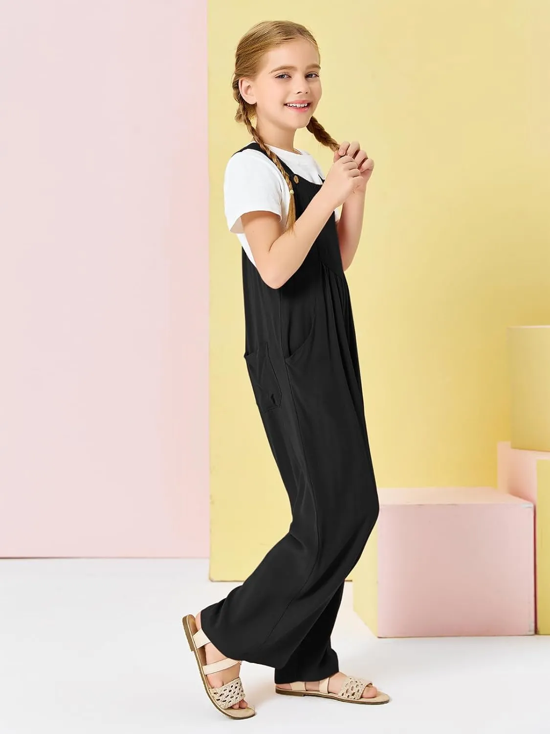 Haloumoning Girls Overalls Kids Casual Sleeveless Wide Leg Jumpsuit Loose Rompers with Pockets 5-14 Years