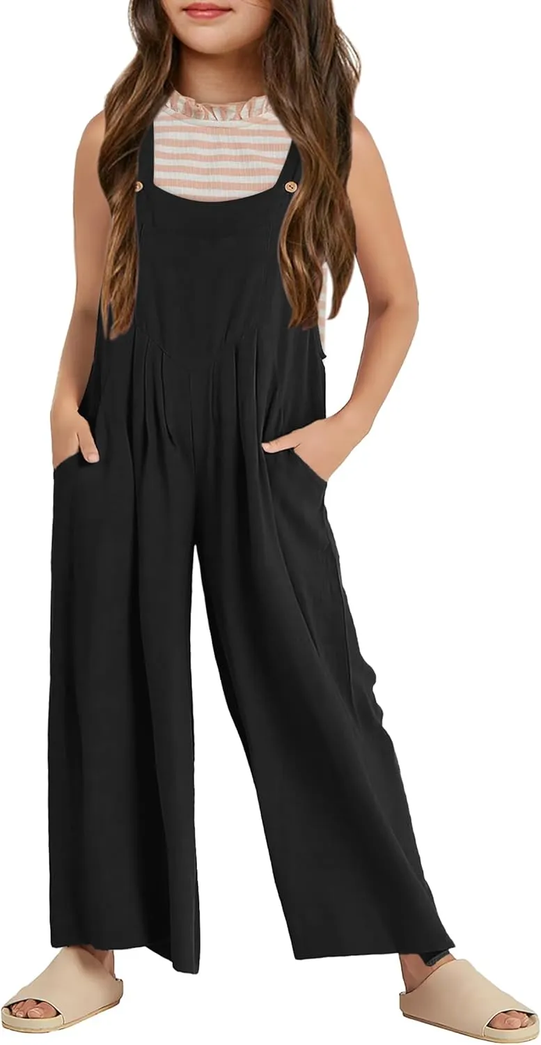 Haloumoning Girls Overalls Kids Casual Sleeveless Wide Leg Jumpsuit Loose Rompers with Pockets 5-14 Years