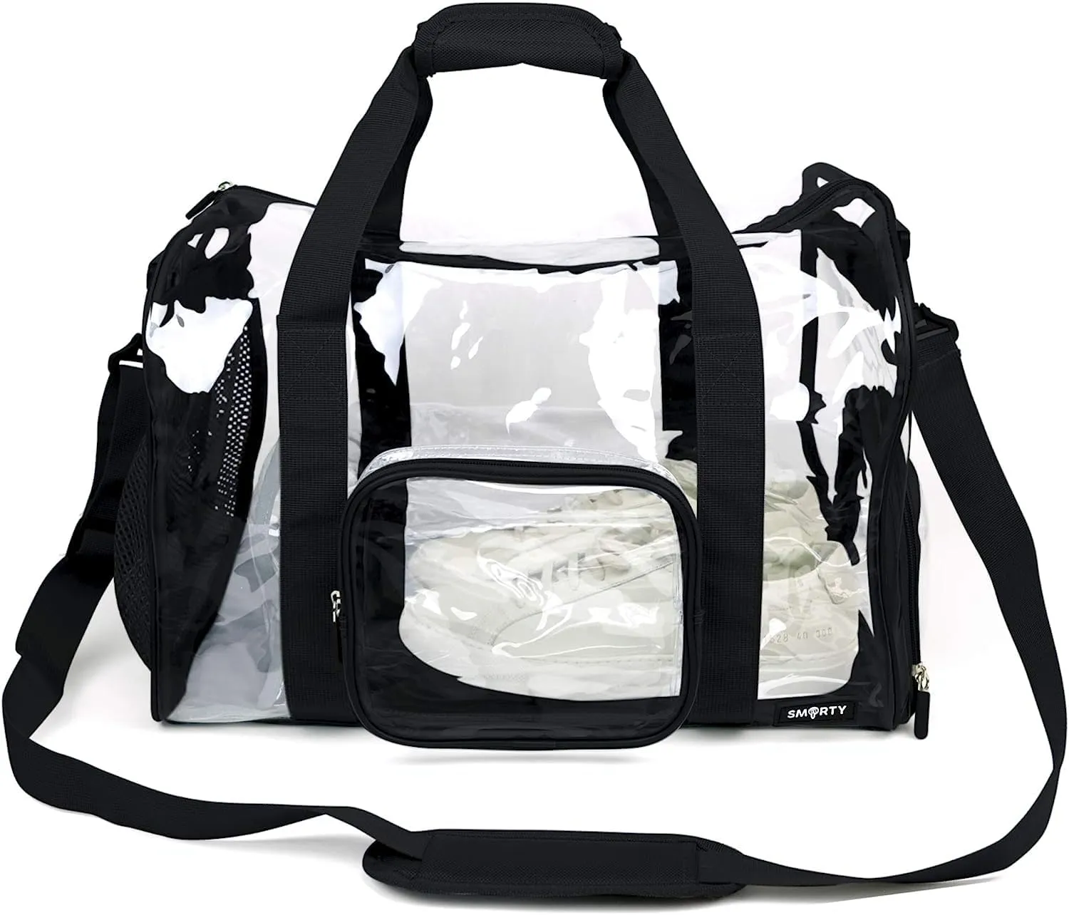 Heavy Duty Large Clear Duffel Gym Bag with Clear Bottom Transparent All Sides Shoe Pocket Removable Shoulder Strap for Men Women Fitness Security Check, Black
