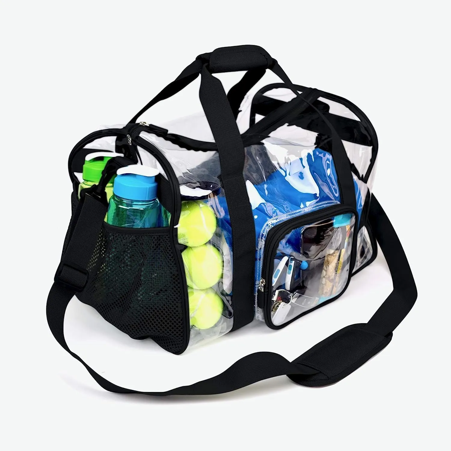 Heavy Duty Large Clear Duffel Gym Bag with Clear Bottom Transparent All Sides Shoe Pocket Removable Shoulder Strap for Men Women Fitness Security Check, Black