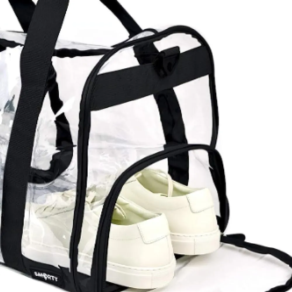 Heavy Duty Large Clear Duffel Gym Bag with Clear Bottom Transparent All Sides Shoe Pocket Removable Shoulder Strap for Men Women Fitness Security Check, Black