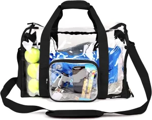 Heavy Duty Large Clear Duffel Gym Bag with Clear Bottom Transparent All Sides Shoe Pocket Removable Shoulder Strap for Men Women Fitness Security Check, Black