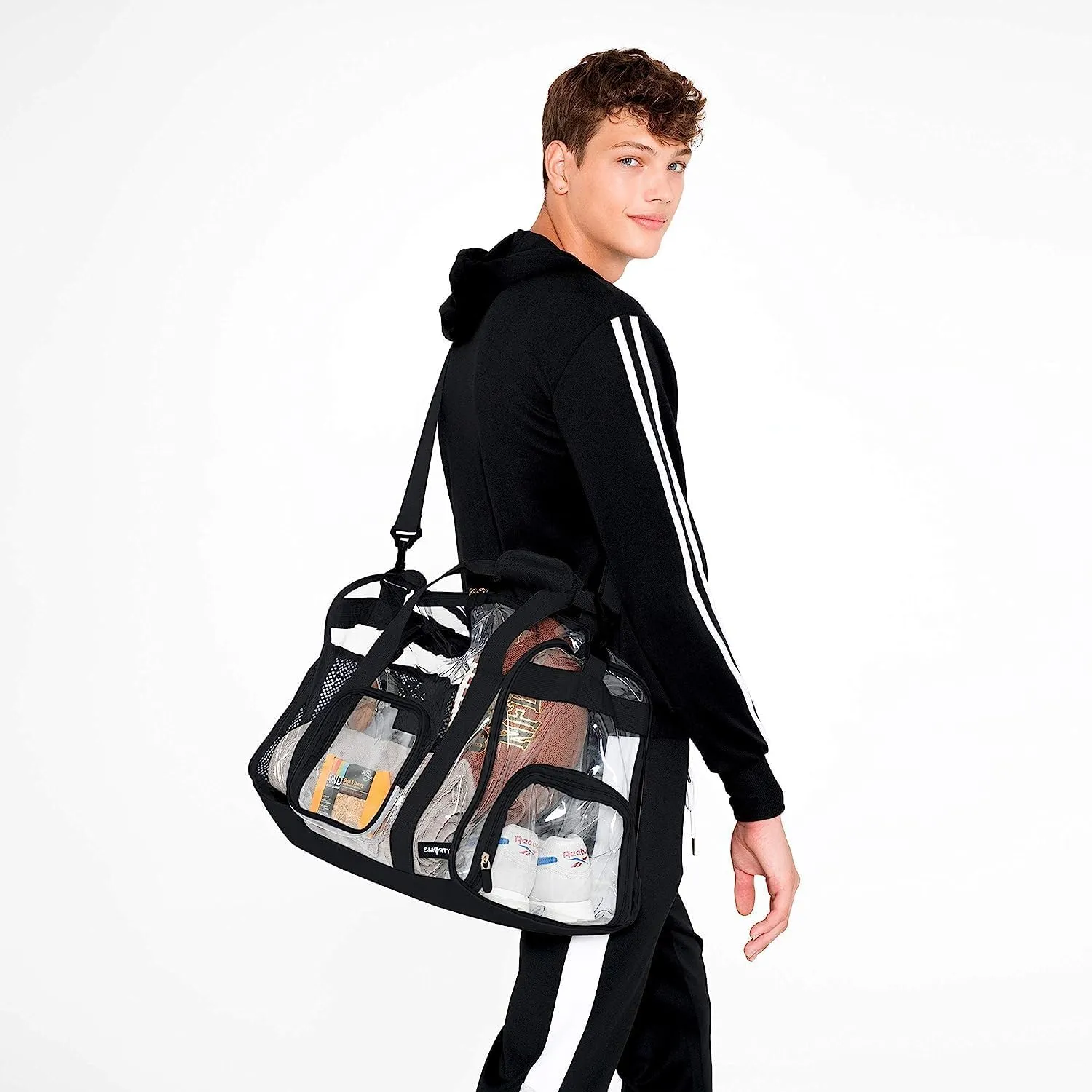 Heavy Duty Large Clear Duffel Gym Bag with Clear Bottom Transparent All Sides Shoe Pocket Removable Shoulder Strap for Men Women Fitness Security Check, Black