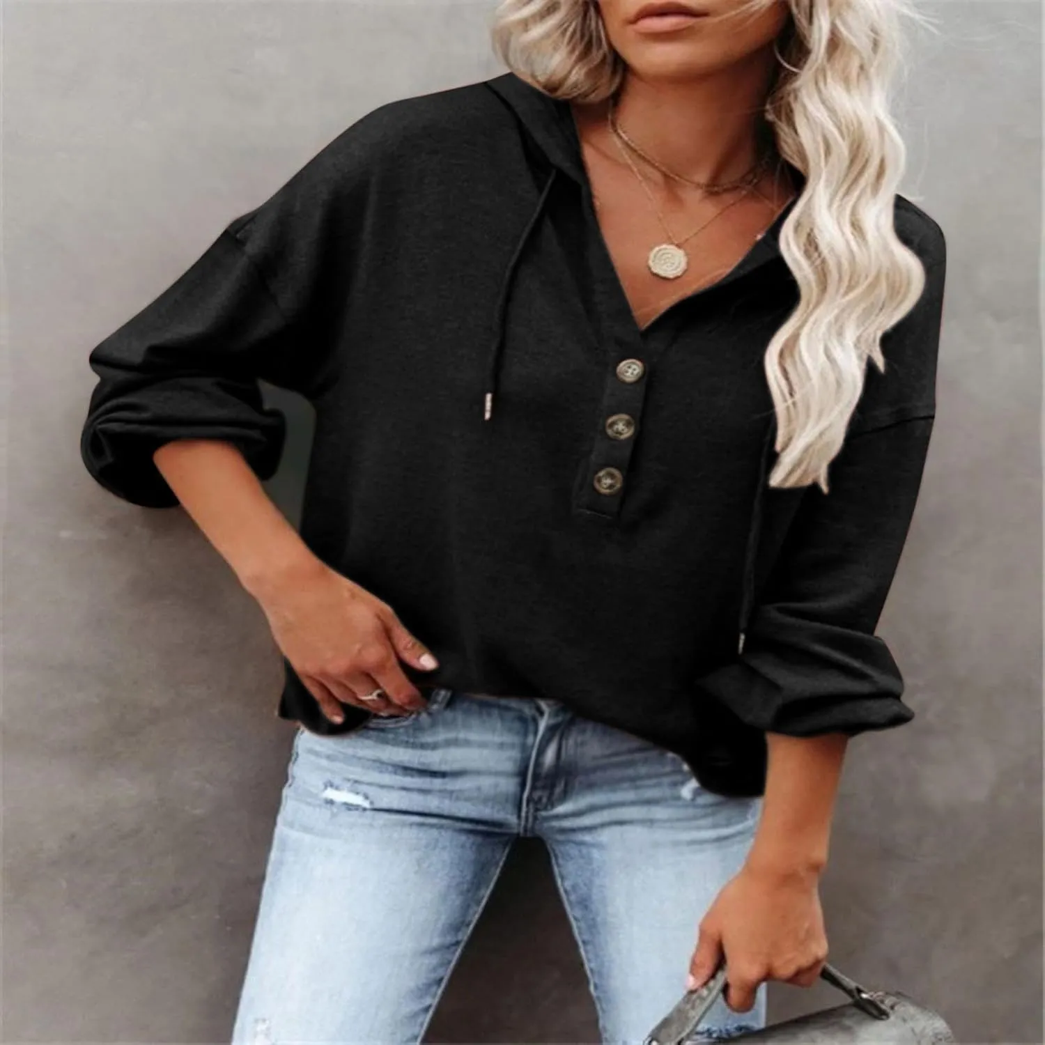 Hoodies for Women Drawstring Long Sleeve Casual Pullover Drop Shoulder V Neck Sweatshirt Ribbed Cuff Hooded Shirts