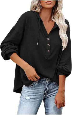 Hoodies for Women Drawstring Long Sleeve Casual Pullover Drop Shoulder V Neck Sweatshirt Ribbed Cuff Hooded Shirts