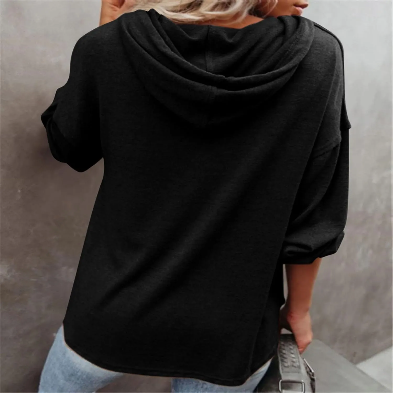 Hoodies for Women Drawstring Long Sleeve Casual Pullover Drop Shoulder V Neck Sweatshirt Ribbed Cuff Hooded Shirts