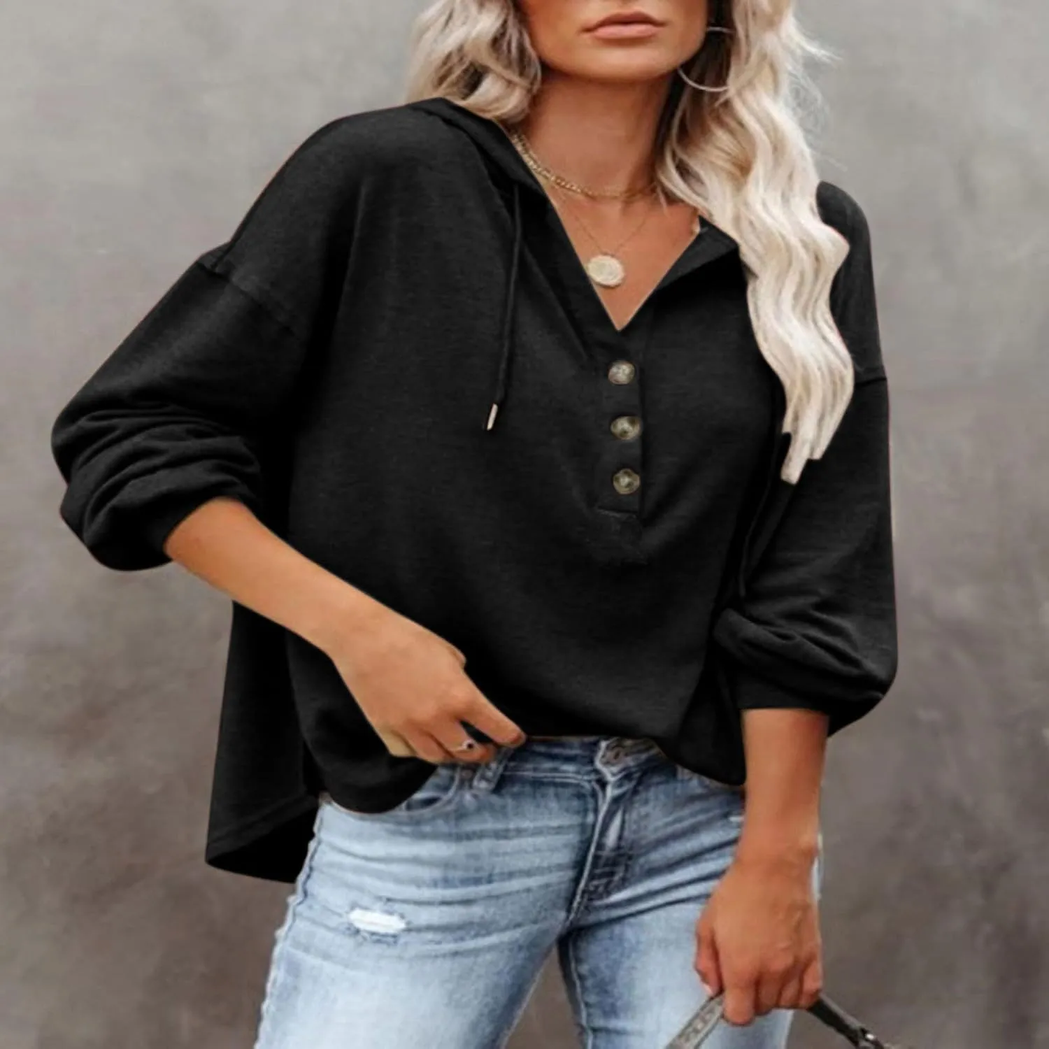 Hoodies for Women Drawstring Long Sleeve Casual Pullover Drop Shoulder V Neck Sweatshirt Ribbed Cuff Hooded Shirts