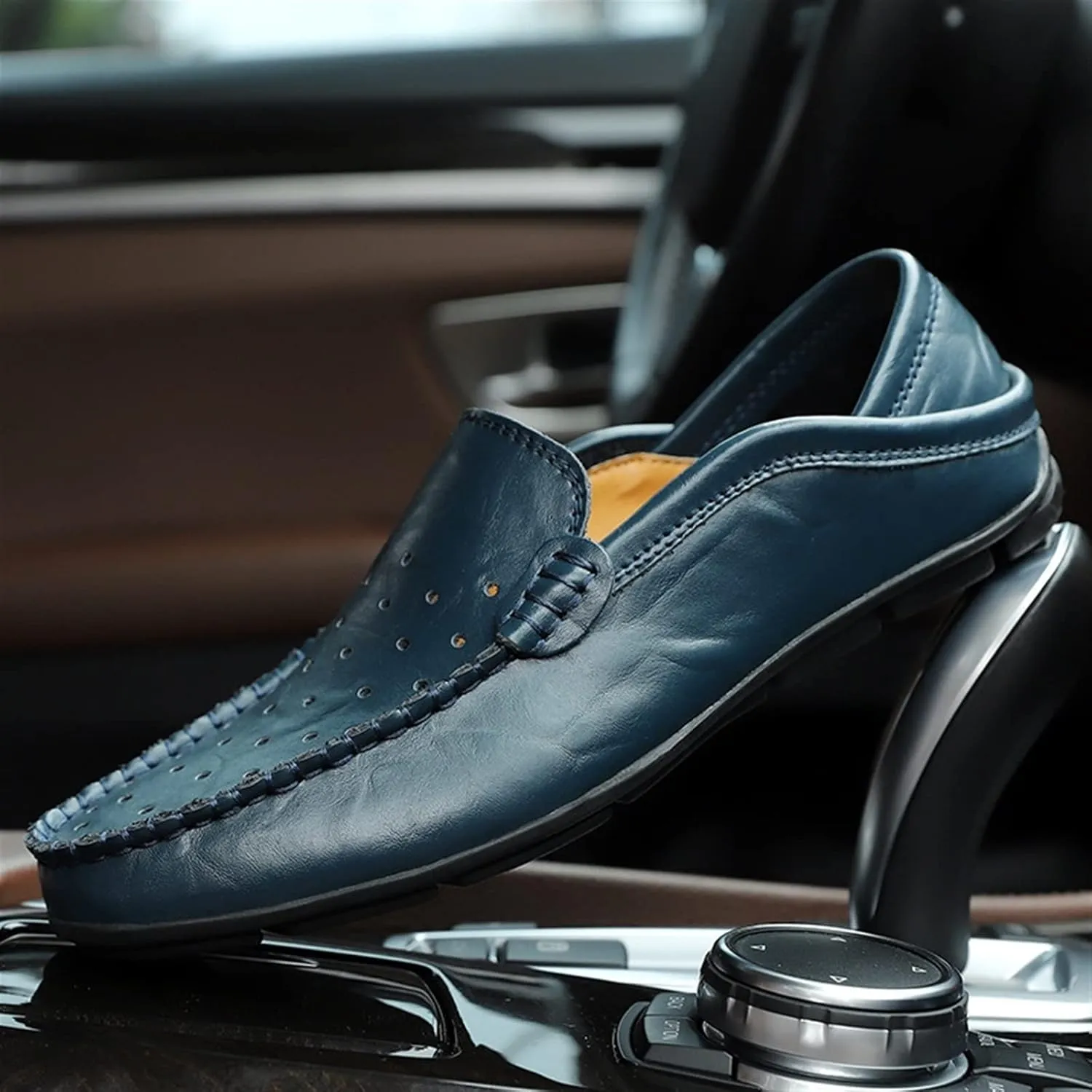 HOOENG Loafer Shoes Driving Moccasins for Men Breathable Lightweight Driving Loafers Leather Resistant Lightweight Anti-Slip Flat Heel Flexible Driving