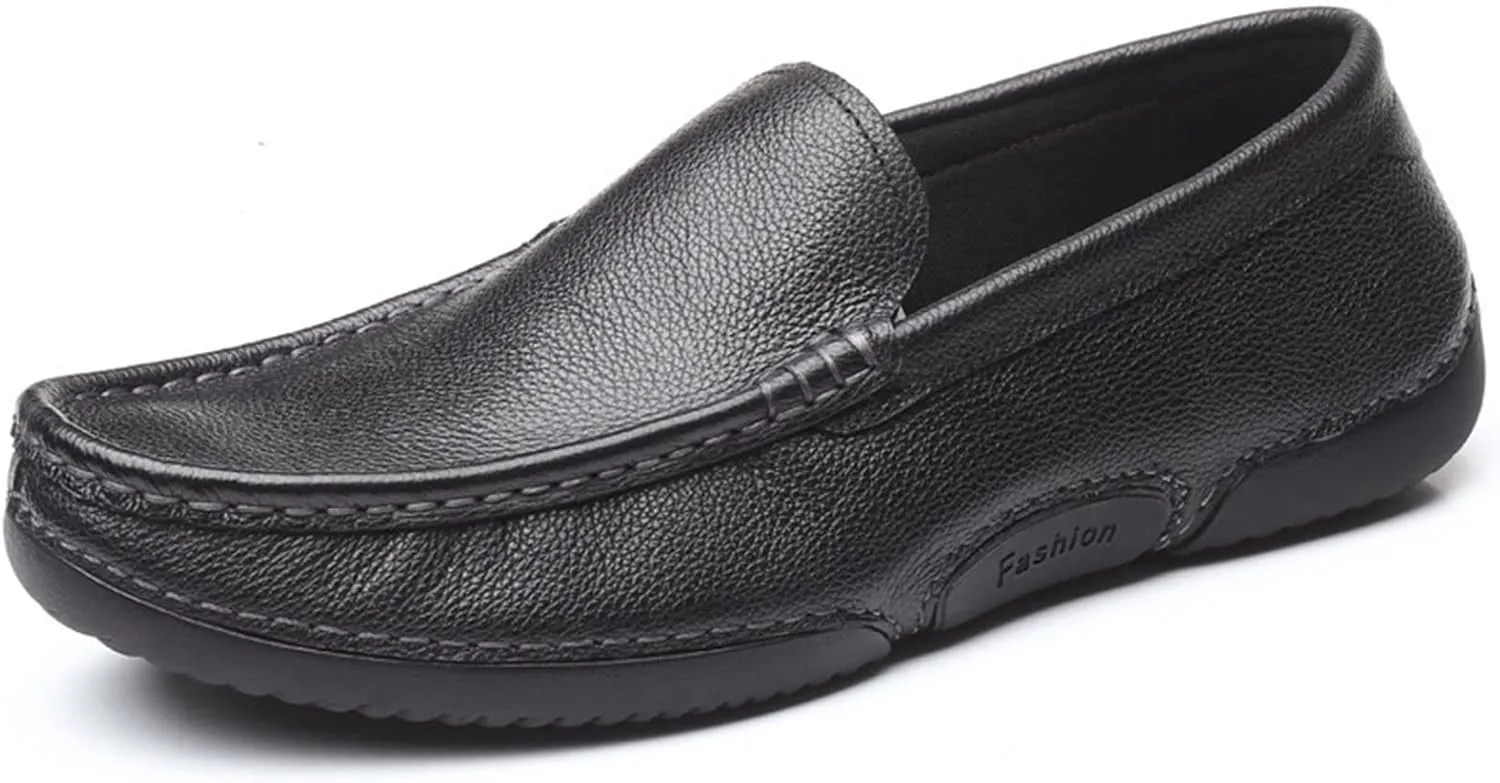 HOOENG Loafer Shoes for Men Genuine Leather Round Toe Stitching Details Soft Lightweight Flexible Anti-Slip Resistant Driving Slip on (Color : Black, Size : 8)