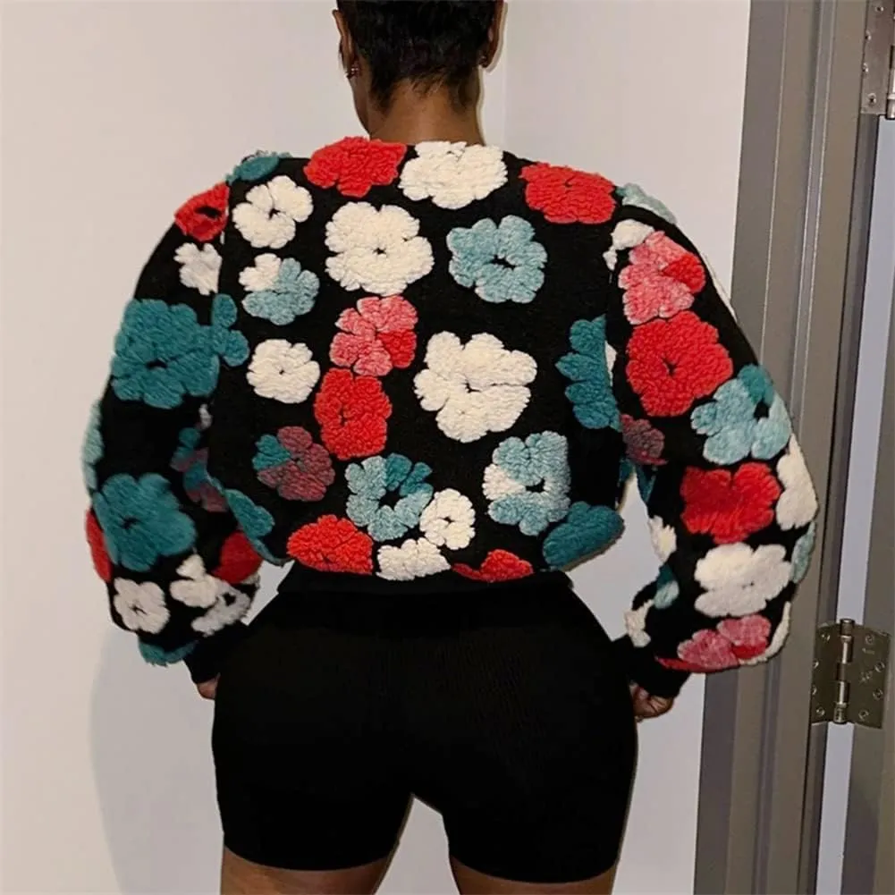 Hotmiss Women's Cropped Wool Floral Print Fleece Jacket Long Sleeve Button Down Bomber Jacket